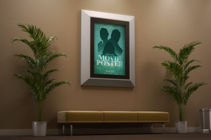 cinema filme filme poster 27 x 40. polegada Tamanho com quadro, Armação suspensão dentro parede realista editável brincar modelo psd