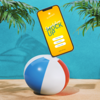 realistisch mockup smartphone scherm Aan strand met bal in zonnig zomer vakantie thema tafereel voorkant visie psd