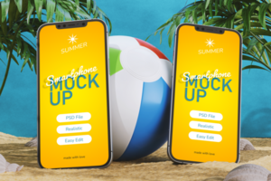 realistisch mockup van twee smartphone scherm Aan strand met bal in zonnig zomer vakantie thema tafereel voorkant visie psd