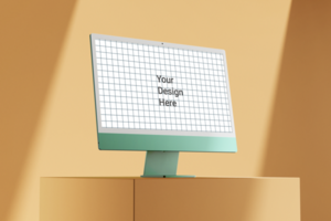 modern 24 inch digital screen display imac 2021 desktop computer editable mockup on podium composition psd