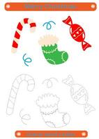 Trace and color. Tracing lines for children. Christmas, Christmas sock, stocking, boot, candy handwriting practice development.Vector EPS10 vector