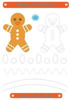 rastreo líneas para niños. Navidad, Navidad pan de jengibre hombre, escritura práctica desarrollo. vector eps10