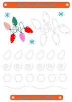 Trace and color. Tracing lines for children. Christmas, Christmas light bulb garland, handwriting development practice. Vector Premium EPS10