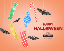 contento Halloween vendita modello con 3d interpretazione sospeso pipistrelli e caramelle psd