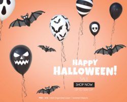 content Halloween vente modèle avec 3d le rendu noir et blanc des ballons avec chauves-souris psd