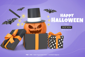 Happy Halloween Sale Template With 3D Rendering Pumpkin With Magician Hat In Black Open Gift Box psd