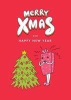 Merry Christmas greeting card with christmas tree and cute present shaped character vector