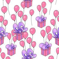 sin costura modelo con rosado globos, regalo caja y púrpura cintas en blanco antecedentes. San Valentín día textura vector