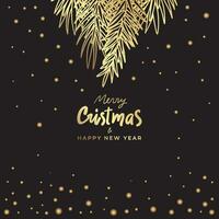 Luxury golden Christmas template for social media. Gold christmas tree, pine branches, firework, glitter, frame, lettering on black background vector