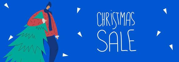 Christmas sale banner template with man carrying a Christmas tree vector