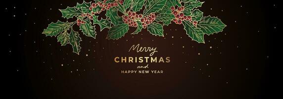 Luxury golden Christmas banner template with holly tree branches. Golden fancy New Year background with Christmas wreath and glitter vector