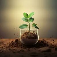 Planting seedlings young plant in the morning light on nature background and sun reflection photo