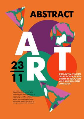 Poster template with abstract colorful circles, triangles, stains, typography and geometric elements. Cover design, banner, placard for festival, exhibition