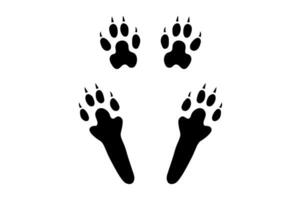 Rabbit or hare paw footprint. Silhouette of four paws, hind and front. Black vector isolated on white. Paw step print of fluffy bunny, hare or pika. Icon, symbol. Print, postcard, booklet, pet store