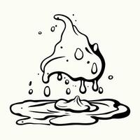 Piece of dirt dripping down and turning into puddle. Melting poop. Dirty slurry, puddle, liquid splashing in dirty drops. Lump of wax, melting and dripping. Black and white vector isolated on white.