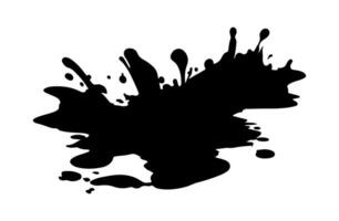 Black silhouette of puddle of water or mud with splashes and drops. Vector isolated on white. Paint, ink, dirt or blood splashes. Stain of splashes, drops of liquid. Dirt blot or blob. Design element