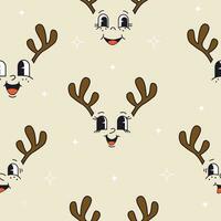 Seamless pattern with New Year's deer, star. Backgrounds in trendy retro style. Hippie 60s, 70s style. Vector illustration.