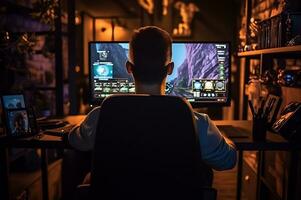 Shot of gamer guy is sitting by the PC AI Generative photo