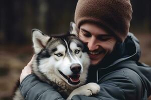 Portrait of people hugging husky dog pet concept AI Generative photo
