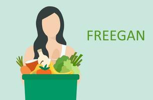 Freegan food and freeganism concept, food,  fruits, vegetables and other products in garbage bin vector illustration.