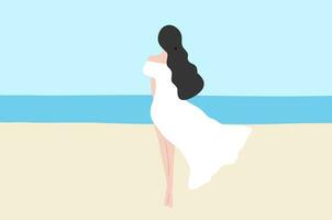 mujer en blanco vestir en pie solo en el playa vector ilustración