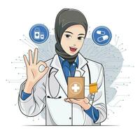 un hembra médico en un hijab es participación un medicina colección en un papel bolsa. vector ilustración Pro descargar