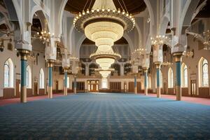 View of inside mosque with a large carpet AI Generative photo