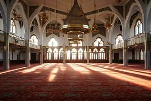 ver de dentro mezquita con un grande alfombra ai generativo foto
