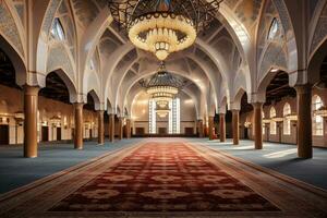 View of inside mosque with a large carpet AI Generative photo