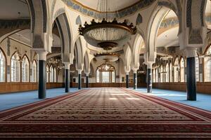 ver de dentro mezquita con un grande alfombra ai generativo foto