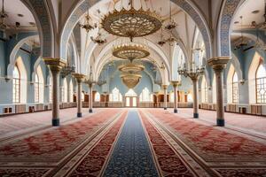 View of inside mosque with a large carpet AI Generative photo