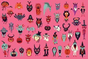 Halloween characters. Cute bizarre comic characters in modern flat hand drawn style vector