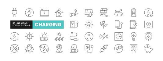 Set of 36 Charging line icons set. Charging outline icons with editable stroke collection. Includes Solar Energy, Battery, Mobile Charging, Power Bank, EV Charging, and More. vector