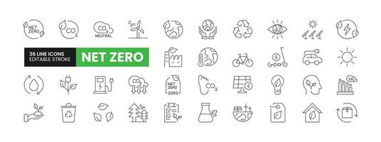 Set of 36 Net Zero line icons set. Net Zero outline icons with editable stroke collection. Includes Net Zero, Solar Energy, Wind Turbine, Carbon Footprint, Sustainability, and More. vector