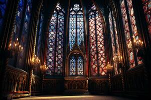 View of gothic cathedral stained glass AI Generative photo