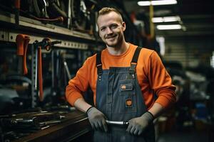 Photo of a mechanic man in a car repair shop AI Generative