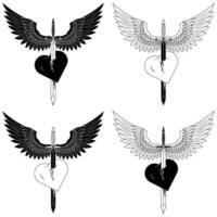 Vector design of European medieval sword with wings, Winged sword piercing a heart as a symbol of love