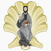 Vector design Saint James the Apostle holding a bible, with the symbol of a sea shell, Christian art from the middle ages