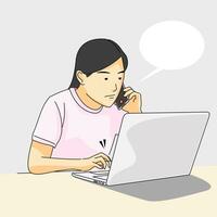 woman confirming transaction with phone, sitting checking laptop online shop vector