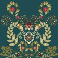 A vibrant floral design with intricate leaves and blossoming flowers on a captivating blue backdrop vector