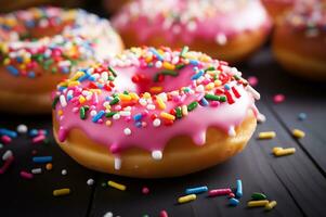 Donut with pink icing multi colored sprinkles AI Generative photo