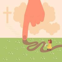 Path to God. A little girl walks along the road that God drew for her with his own hand. There is a cross in the sky and the road to it. vector illustration