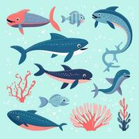 Multicolor collection of oceanic animals and plants in stylization, underwater. Colorful set of marine animals, fish and algae and corals on blue background, isolated. vector