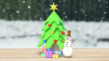 el monigote de nieve y Navidad árbol para fiesta concepto 3d representación foto