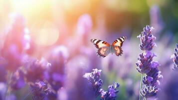 Beautiful purple lavender flowers and butterfly with bokeh effect photo