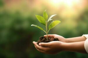 Human hands holding a young plant with green bokeh background. photo
