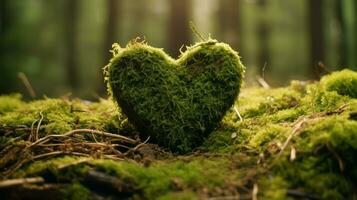 Heart shaped tree trunk covered with green moss in the forest, close up photo