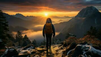 Traveler looking at the sunset over the mountains. photo