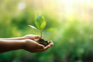 Human hands holding a young plant with green bokeh background. photo