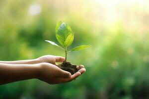 humano manos participación un joven planta con verde bokeh antecedentes. foto